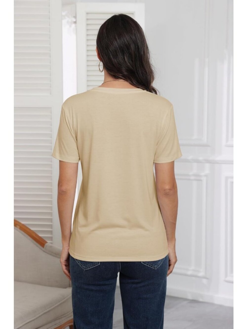 Classic Fit Short Sleeve V Neck Casual Tee - Women's Summer Top, Everyday - Picture 6 of 8